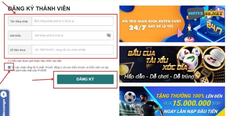 Điền đầy đủ thông tin cần thiết khi đăng ký Five88